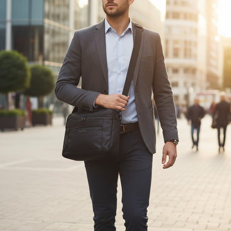 Man in a suit walking with a black crossbody bag on a city street