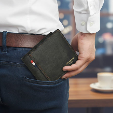 Black canvas bifold wallet tucked into a back trouser pocket
