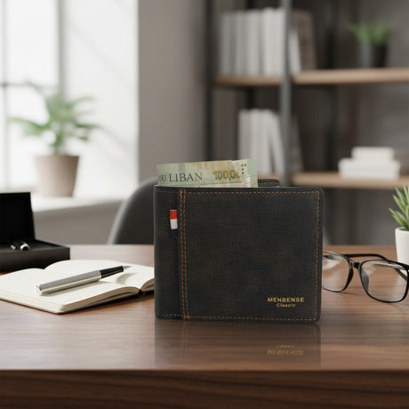 Black canvas bifold men's wallet on a desk with banknotes, Jack Gifts Online Lebanon