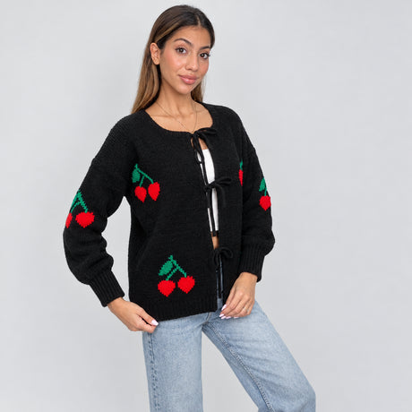 Black tie front cardigan with red cherry motifs on the front and sleeves