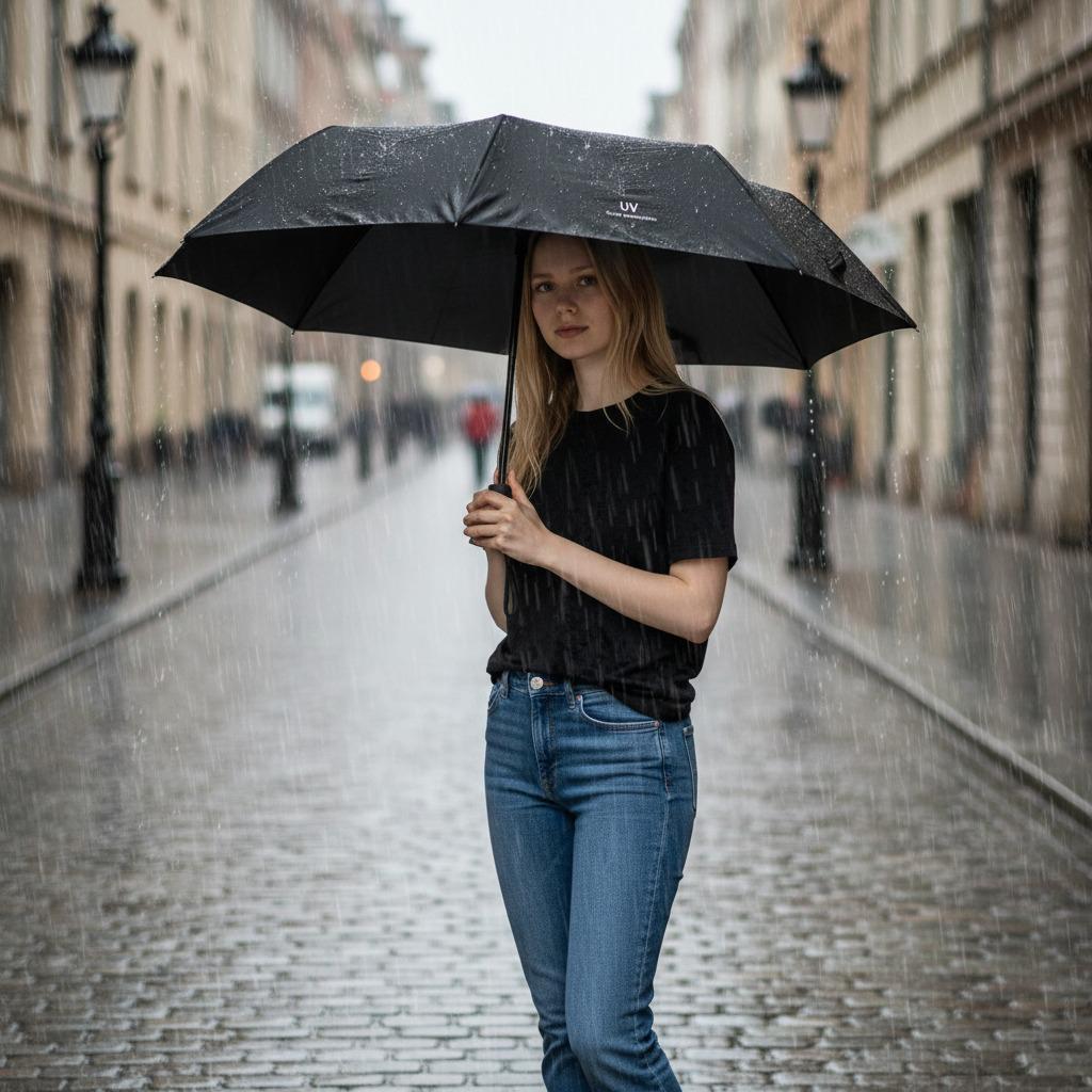 Woman holding a black chic umbrella on a rainy street