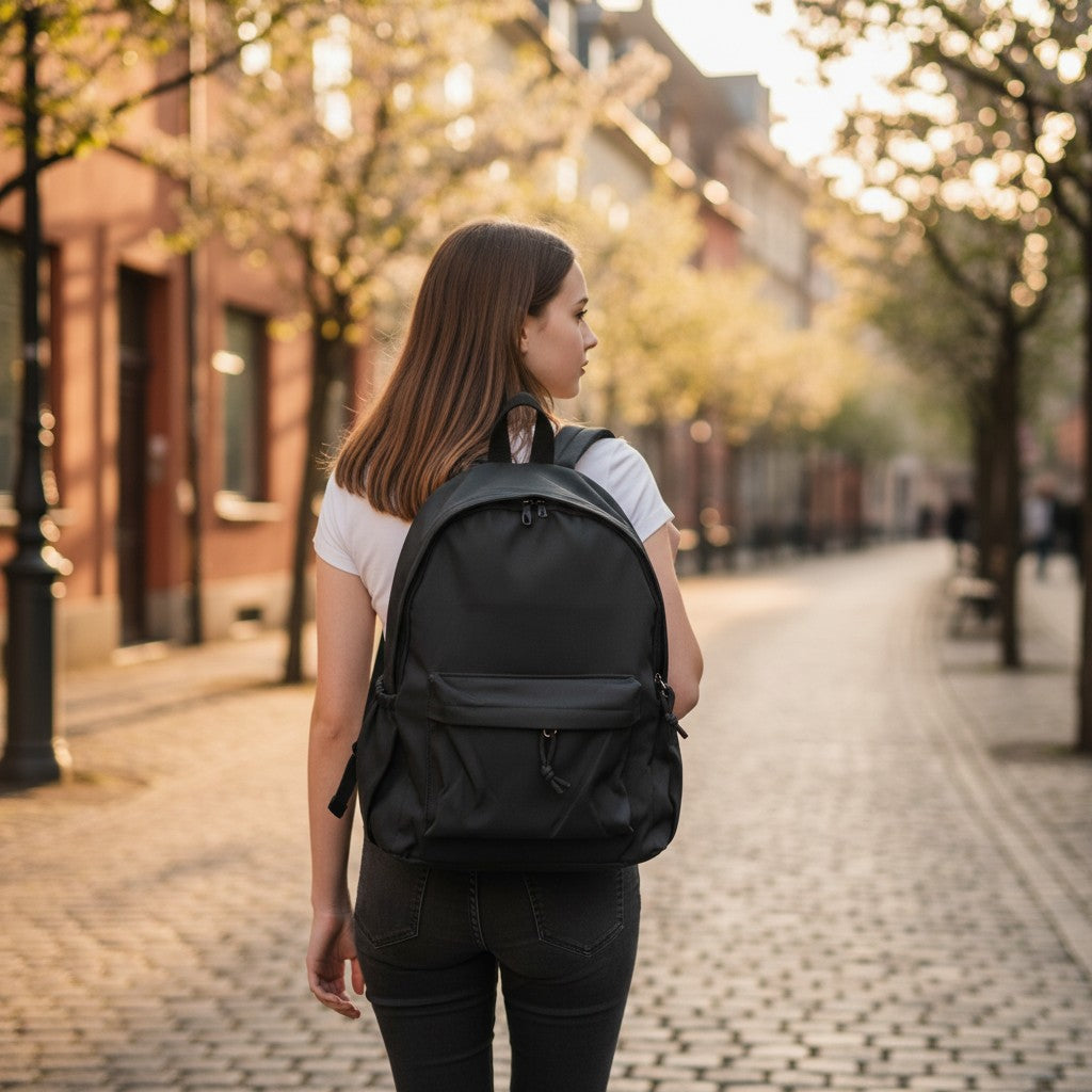 Plain black school backpack with front zip pocket worn, Jack Gifts Online Lebanon