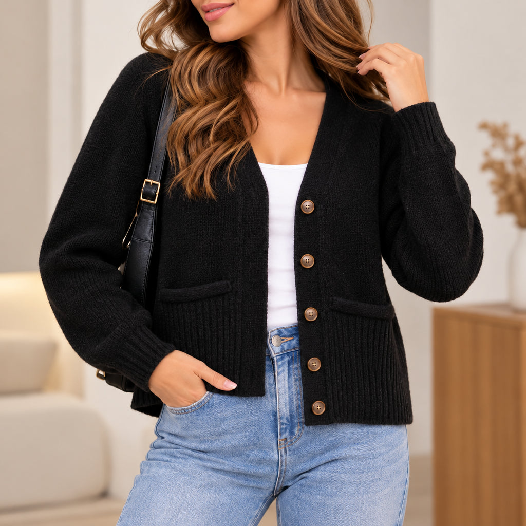 Black V neck button cardigan with ribbed patch pockets, worn over a white top with light blue jeans