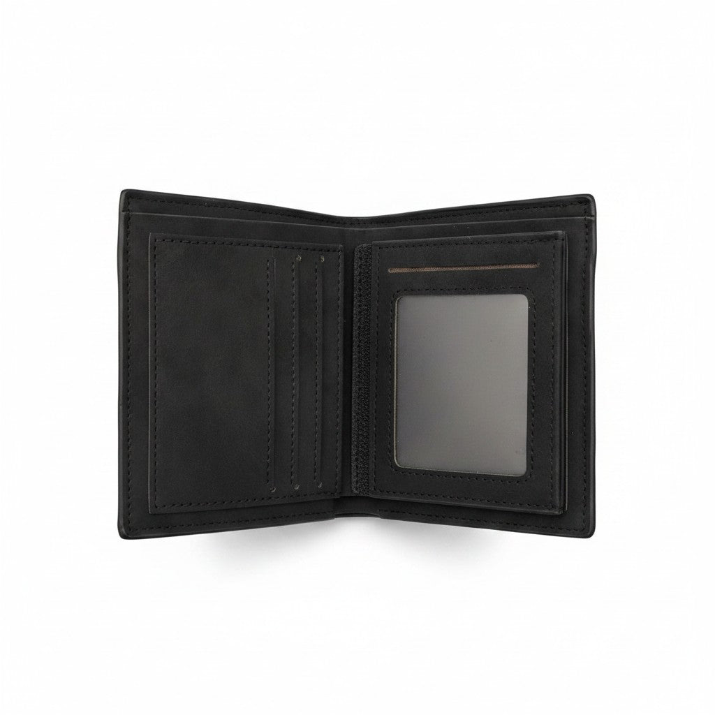 Black classic men's wallet opened on a white background