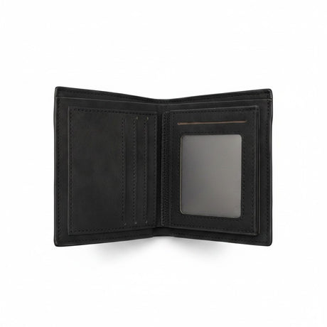 Black classic men's wallet opened on a white background