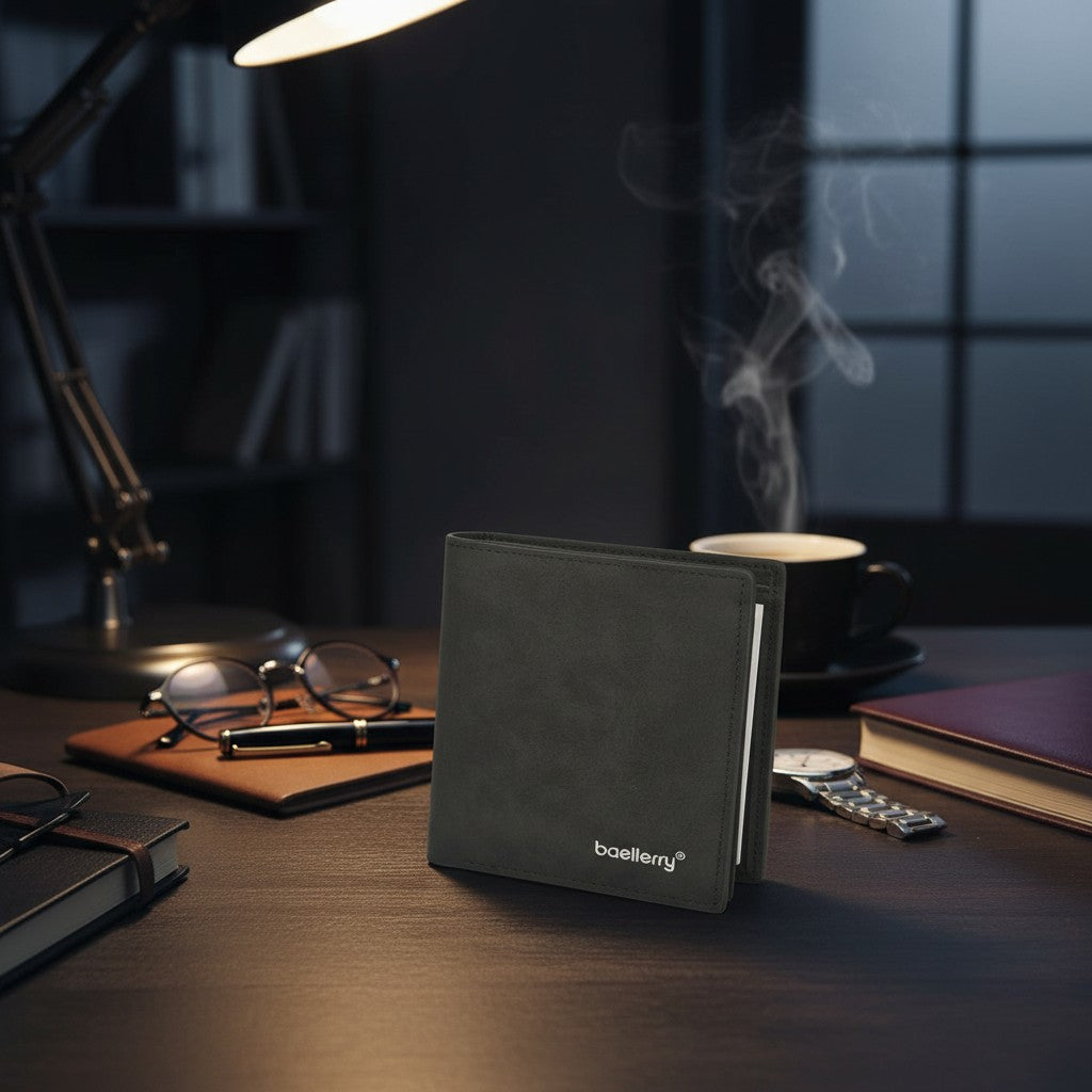 Classic black men's wallet ona wooden desk with books, glasses and a coffee cup in the background