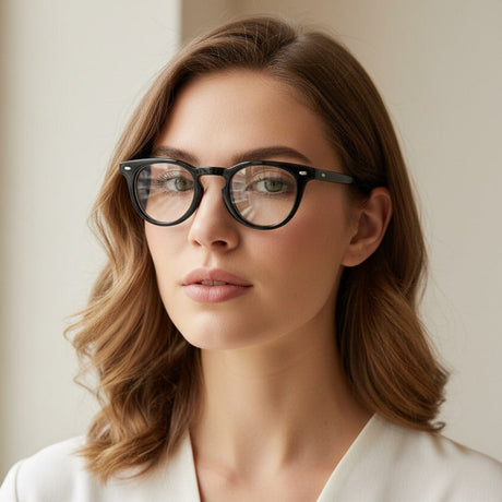 Woman wearing black clear glasses with a neutral background