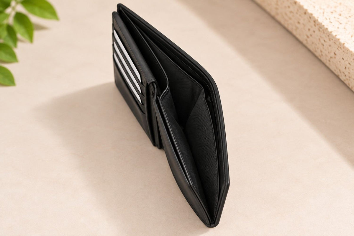 Side profile of the black coin pocket wallet showing its layered compartments