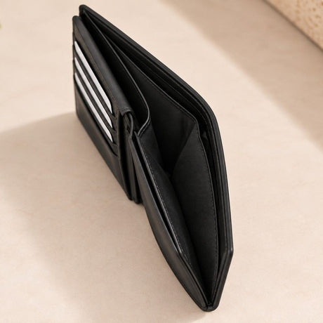 Side profile of the black coin pocket wallet showing its layered compartments