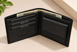 Snap flap coin purse beside a row of cards inside a smooth black leather wallet