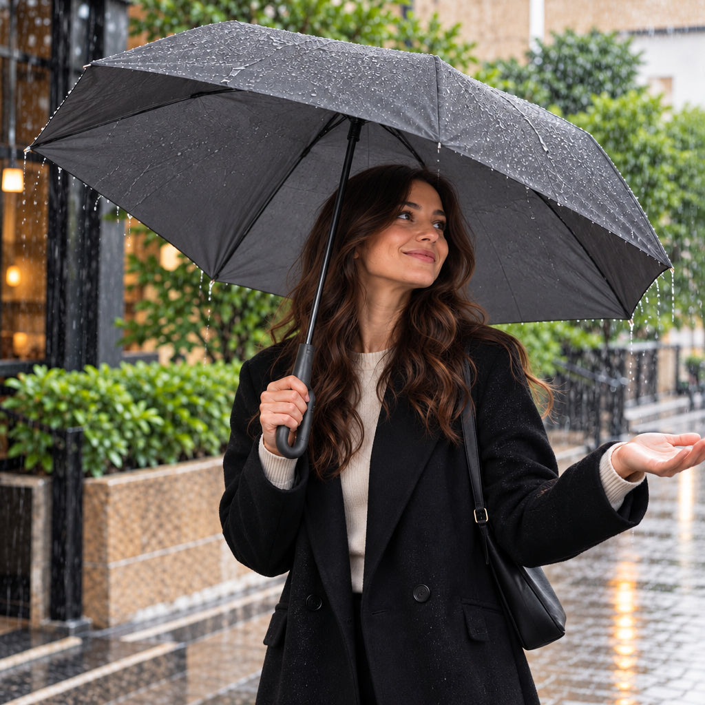 Woman in a black coat under an open black umbrella on a wet city street, hand out in the rain