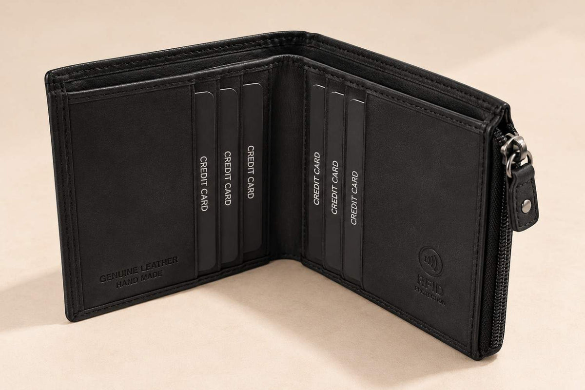 Interior of the small black wallet with rows of vertical card slots and a zip edge