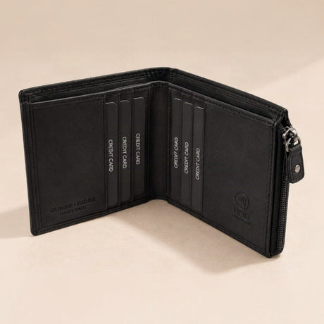Interior of the small black wallet with rows of vertical card slots and a zip edge