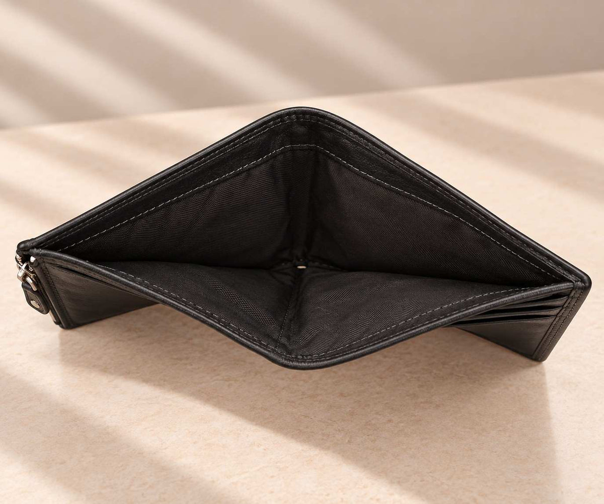 Open note compartment of the black compact wallet with its fabric lining visible