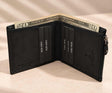 Dollar notes rise above upright card slots in a small black zip edged bifold