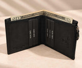 Dollar notes rise above upright card slots in a small black zip edged bifold