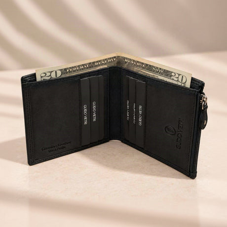 Dollar notes rise above upright card slots in a small black zip edged bifold
