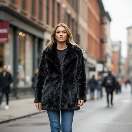 Woman wearing a black fur coat on a city street
