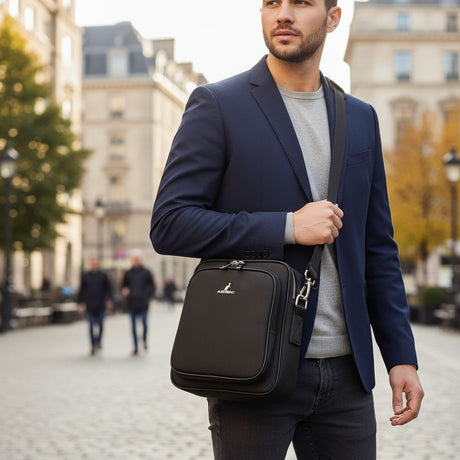 Man holding a black leather bag in an urban setting
