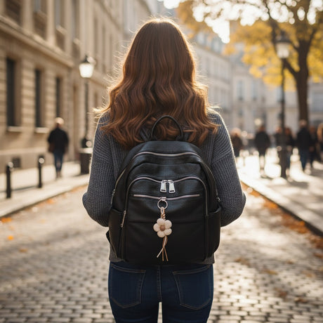 Black double zip backpack with woven flower charm, Jack Gifts Online Lebanon