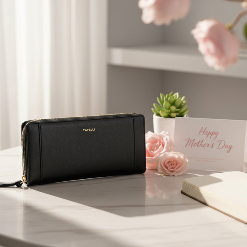 Black wallet on a table with flowers and 'Happy Mother's Day' card