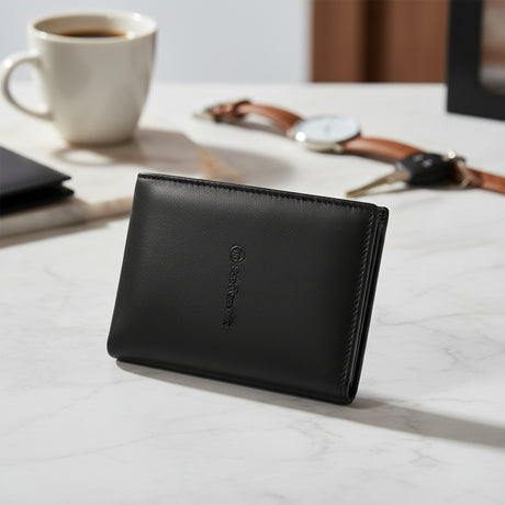 Black leather wallet on a light surface with a cup of coffee, keys, and watch in the background