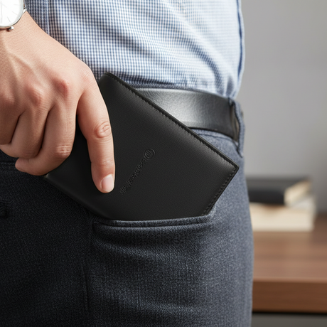 Person inserting a black wallet into their pocket with a blurred background