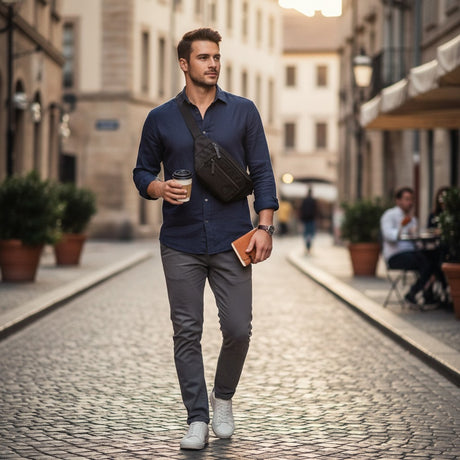 Man walking down a city street wearing a black fanny pack, holding a coffee cup and a book