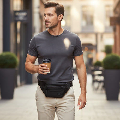 Man walking outdoors holding a coffee cup, wearing a black fanny pack