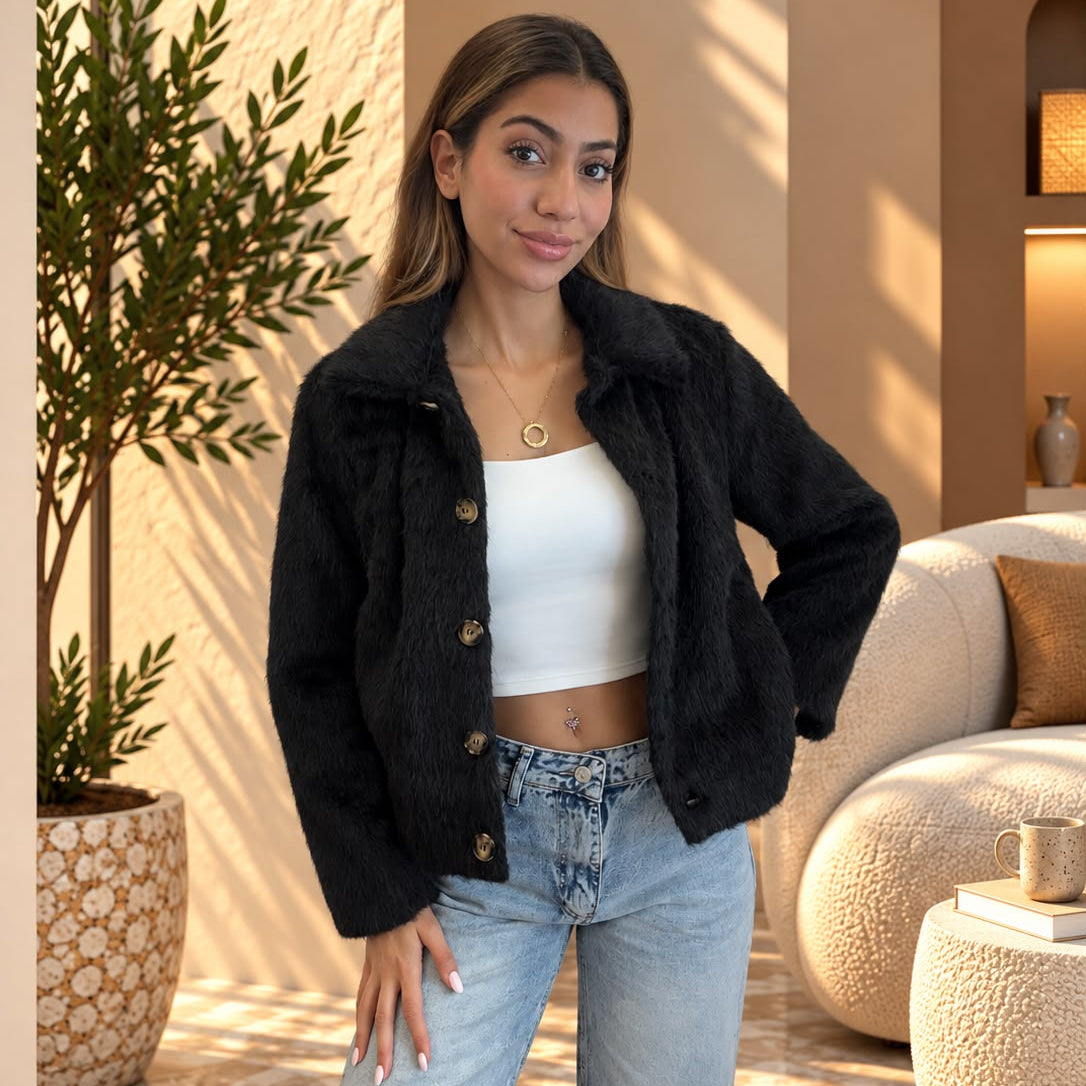 Black cropped faux fur jacket worn open over a white crop top, one hand on hip