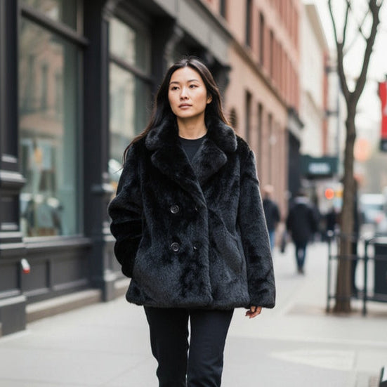 Woman wearing a black faux fur coat on a city street
