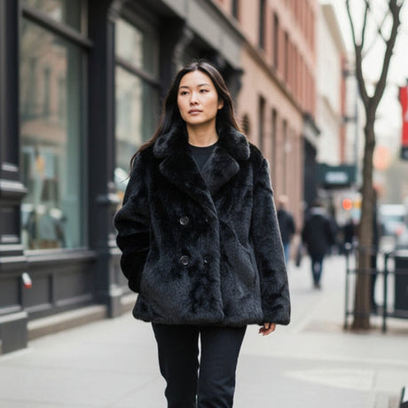 Woman wearing a black faux fur coat on a city street