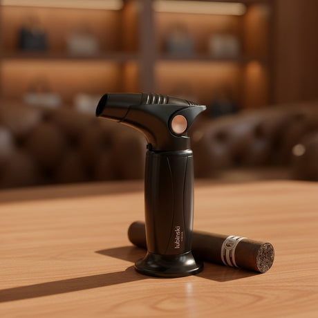 Black butane lighter and a cigar on a wooden table with a blurred background