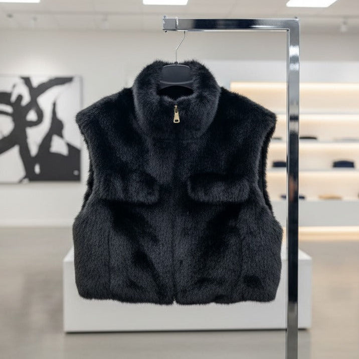 Black faux fur vest front view with plush texture detail