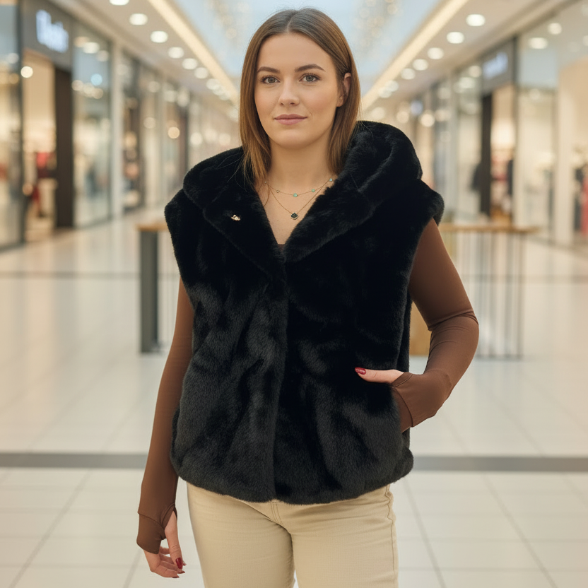 Black faux fur hooded vest showing plush hood and front finish
