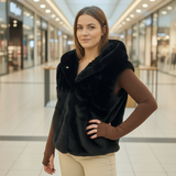 Women's black faux fur hooded vest, sleek winter layering, Jack Gifts Online Lebanon