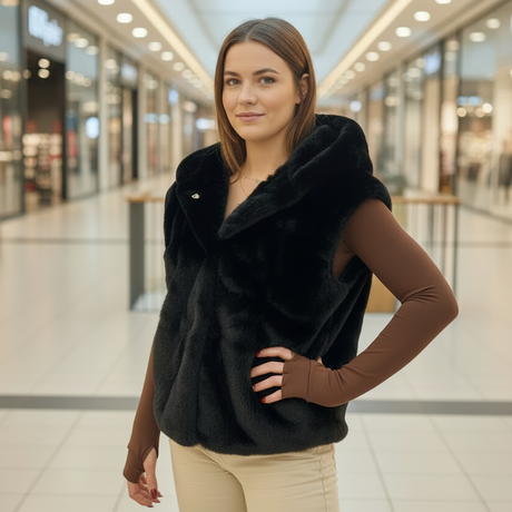 Women's black faux fur hooded vest, sleek winter layering, Jack Gifts Online Lebanon