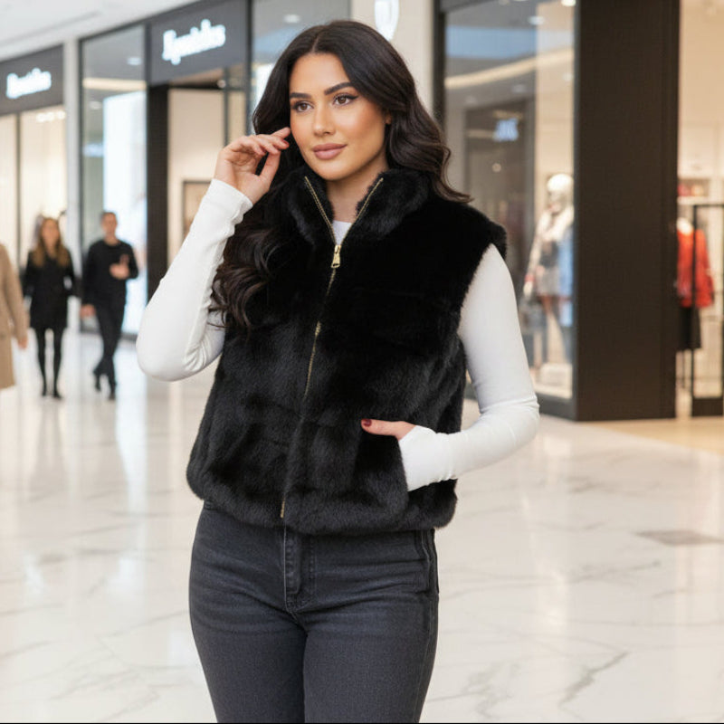 Women's black faux fur vest, soft sleeveless layering piece, Jack Gifts Online Lebanon