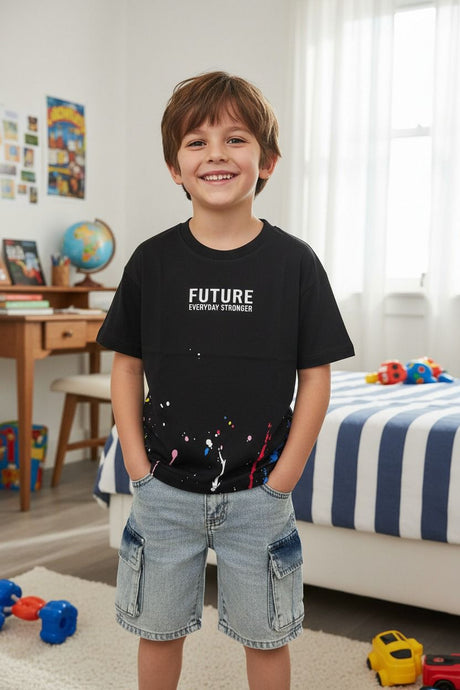 Boys set with a black Future Everyday Stronger print tee and light blue denim cargo shorts