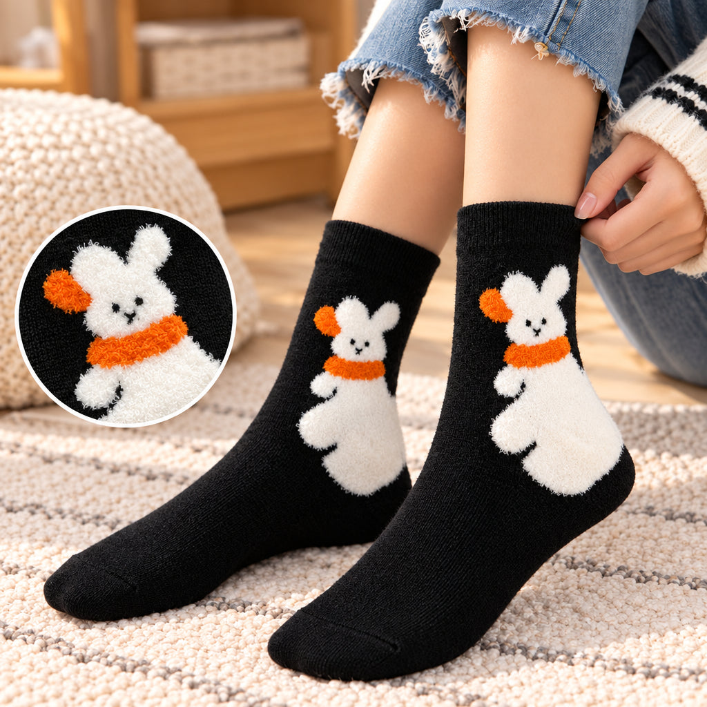 Woman in jeans wearing black crew socks with a fuzzy white bunny in an orange scarf on a rug