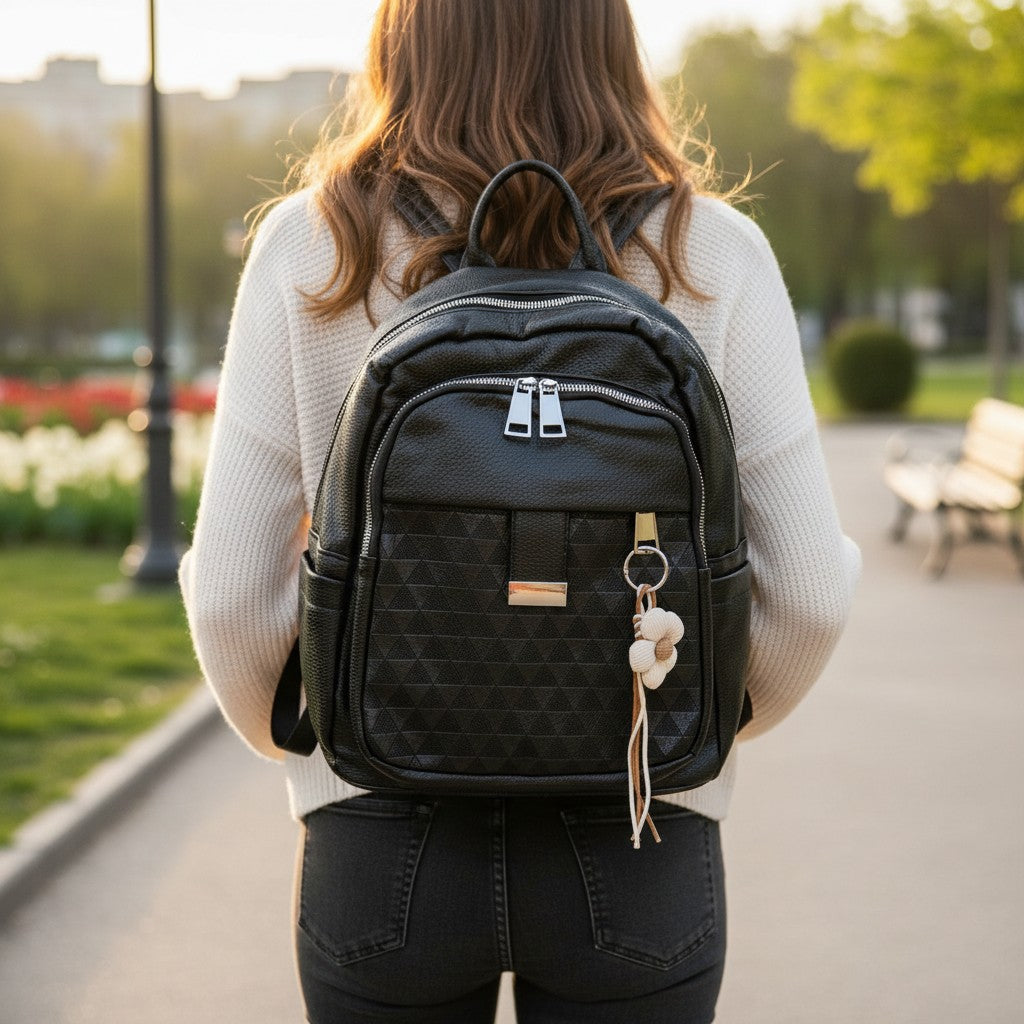 Black geometric textured backpack with metal bar and flower charm, Jack Gifts Online Lebanon