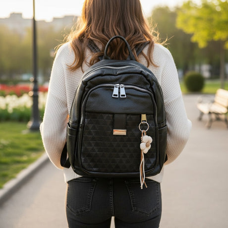 Black geometric textured backpack with metal bar and flower charm, Jack Gifts Online Lebanon