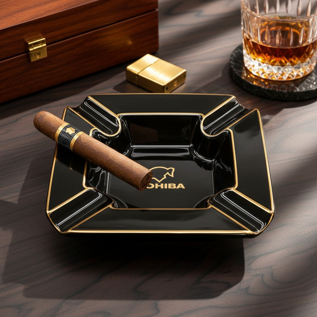 Cigar, gold lighter and whiskey arranged around the black square ashtray on wood