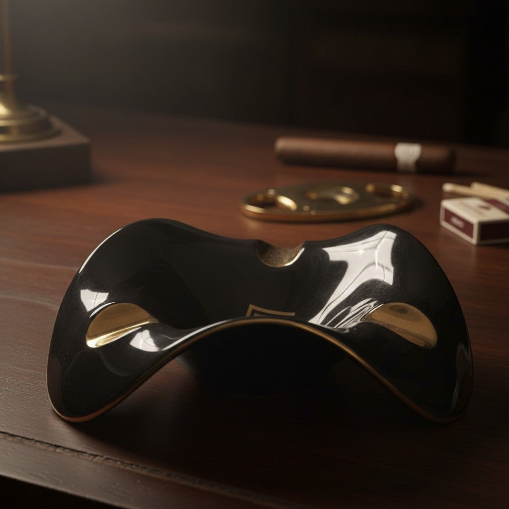 Profile of the wavy black ashtray, its rim dipping and rising between gold rests