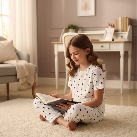 White short sleeve pajama set with small black hearts worn while reading