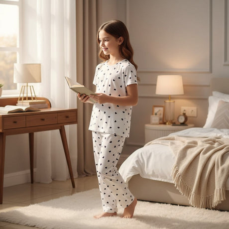 Girl in a white pajama set with black heart print reading a book