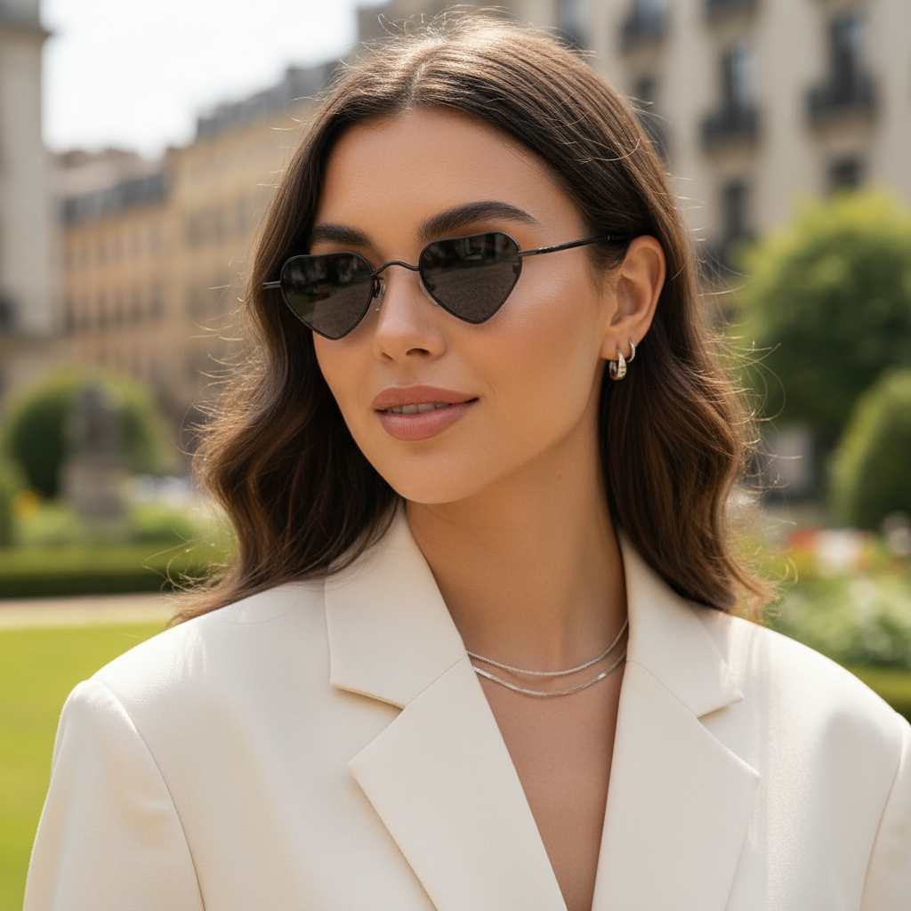 Woman wearing black heart-shaped sunglasses and a white blazer outdoors