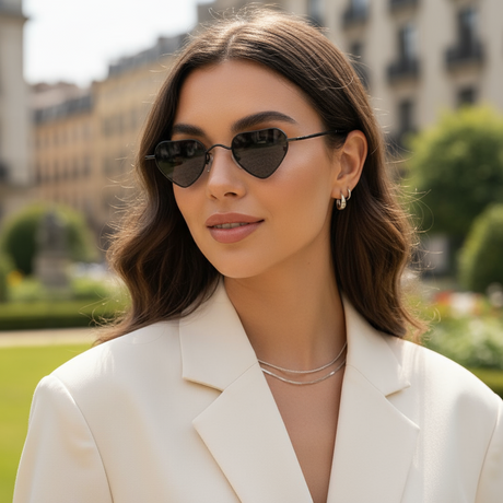 Woman wearing black heart-shaped sunglasses and a white blazer outdoors