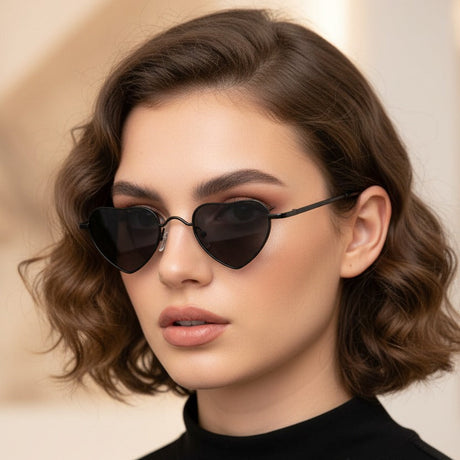 Woman wearing black heart-shaped sunglasses with a neutral background