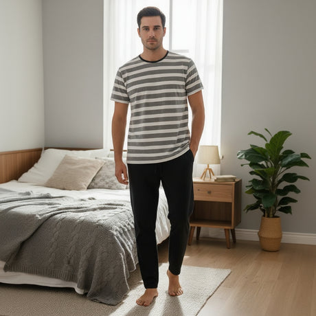 Grey and white striped tee with black lounge pants